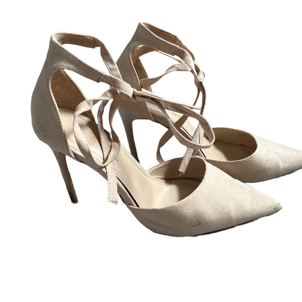 LULUS NUDE SUEDE LACE UP STILETTO HEELS WITH POINTED TOE SIZE 7
